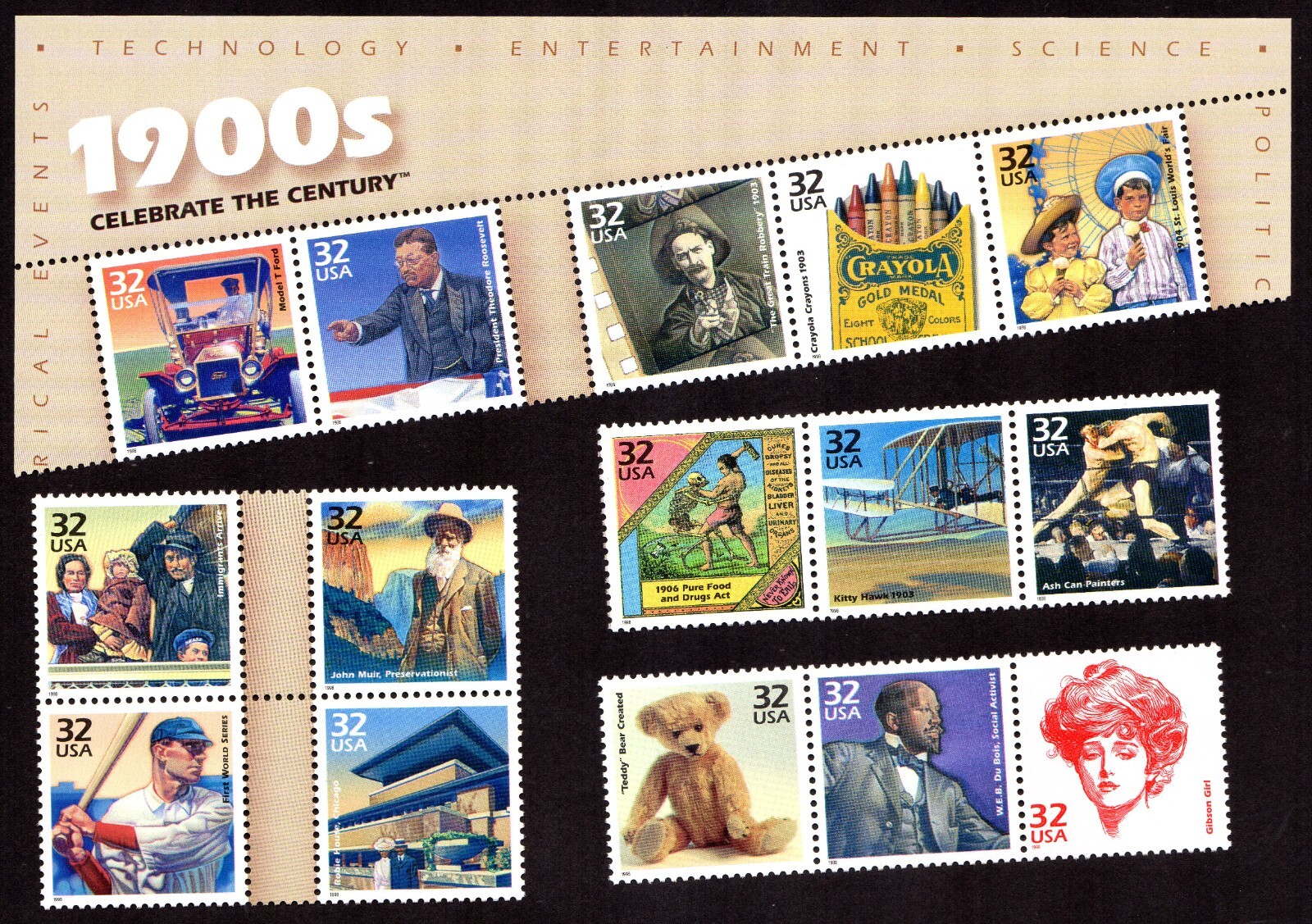 Scott #3182 32¢ 1900s Celebrate the Century Sheet of 15 Stamps - MNH Separated