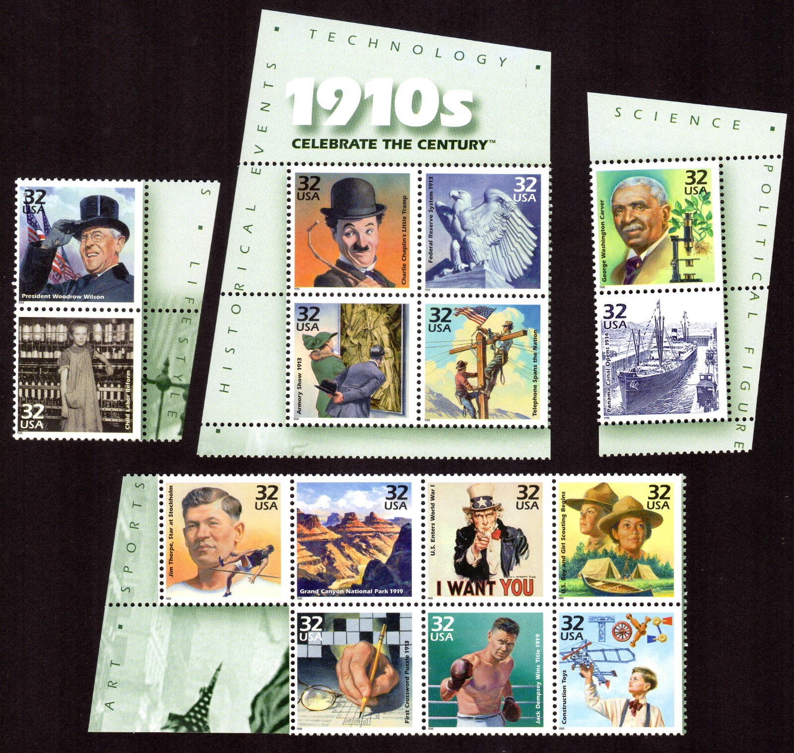 Scott #3183 32¢ 1910s Celebrate the Century Sheet of 15 Stamps - MNH Separated