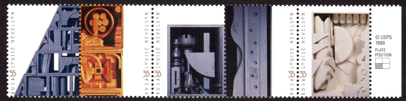 Scott #3383a (3379-83) Louise Nevelson Plate Strip of 5 Stamps - MNH w/Plate Pos