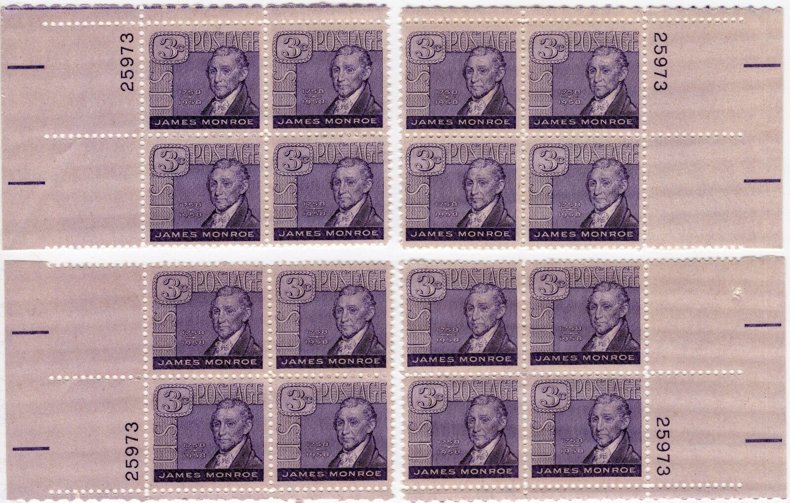 Scott #1105 James Monroe Matched Set of Plate Blocks of 4 Stamps - MNH P#25973