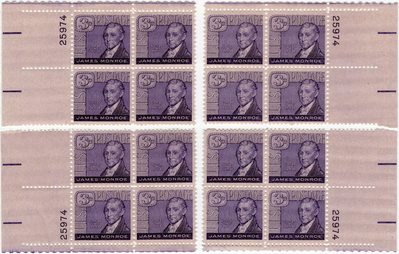 Scott #1105 James Monroe Matched Set of Plate Blocks of 4 Stamps - MNH P#25974