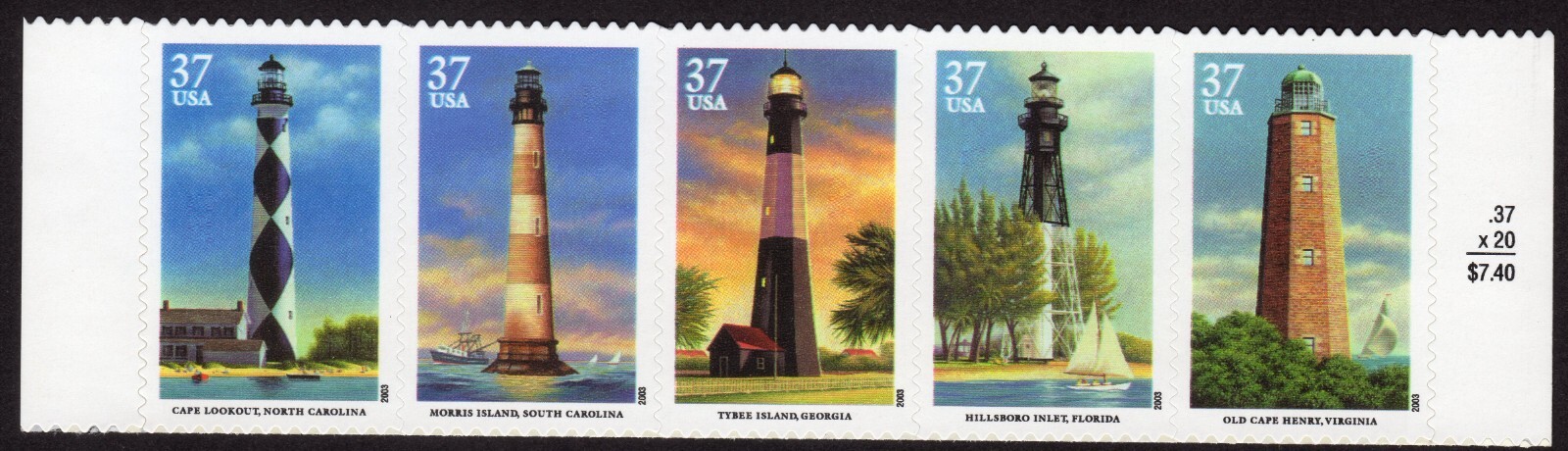 Scott #3791b Southeastern Lighthouses Block of 5 Stamps - MNH w/Price Selvage