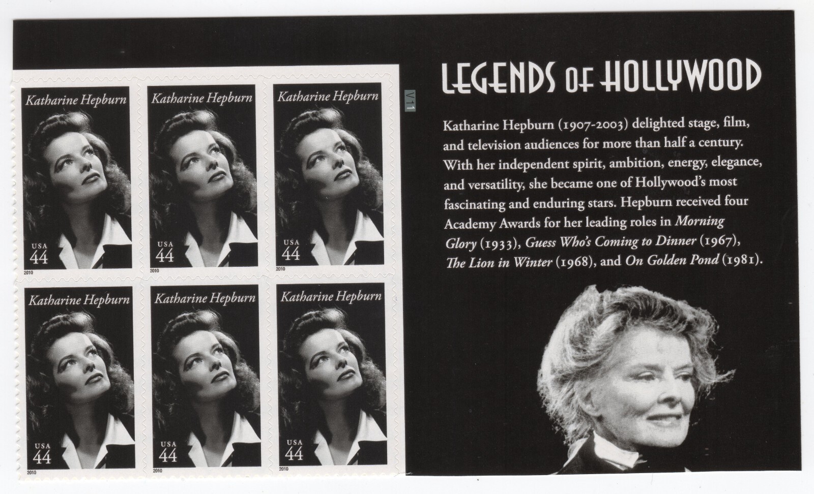 Scott #4461 Katherine Hepburn (Legends of Hollywood) Block of 6 Stamps - MNH