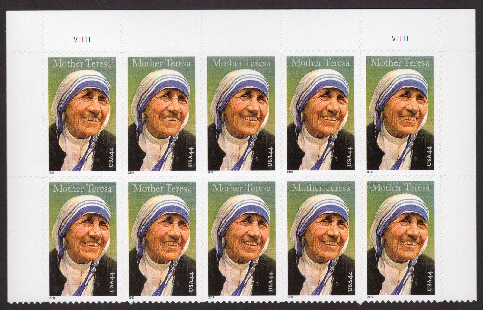 Scott #4475 Mother Teresa Plate Block of 10 Stamps - MNH Top