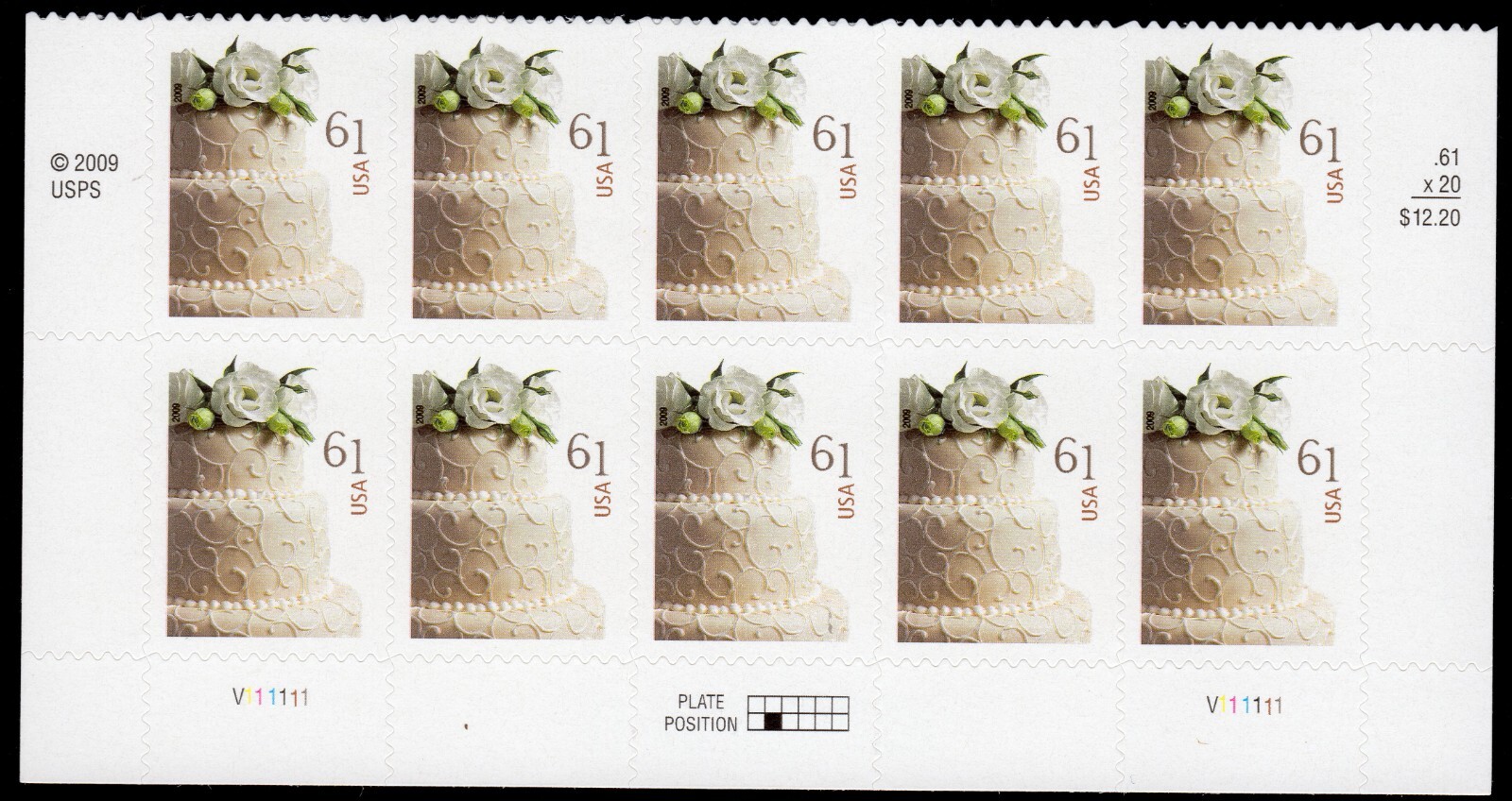 Scott #4398 Wedding Cake (Love) 61¢ Plate Block (Half Sheet) of 10 Stamps - MNH