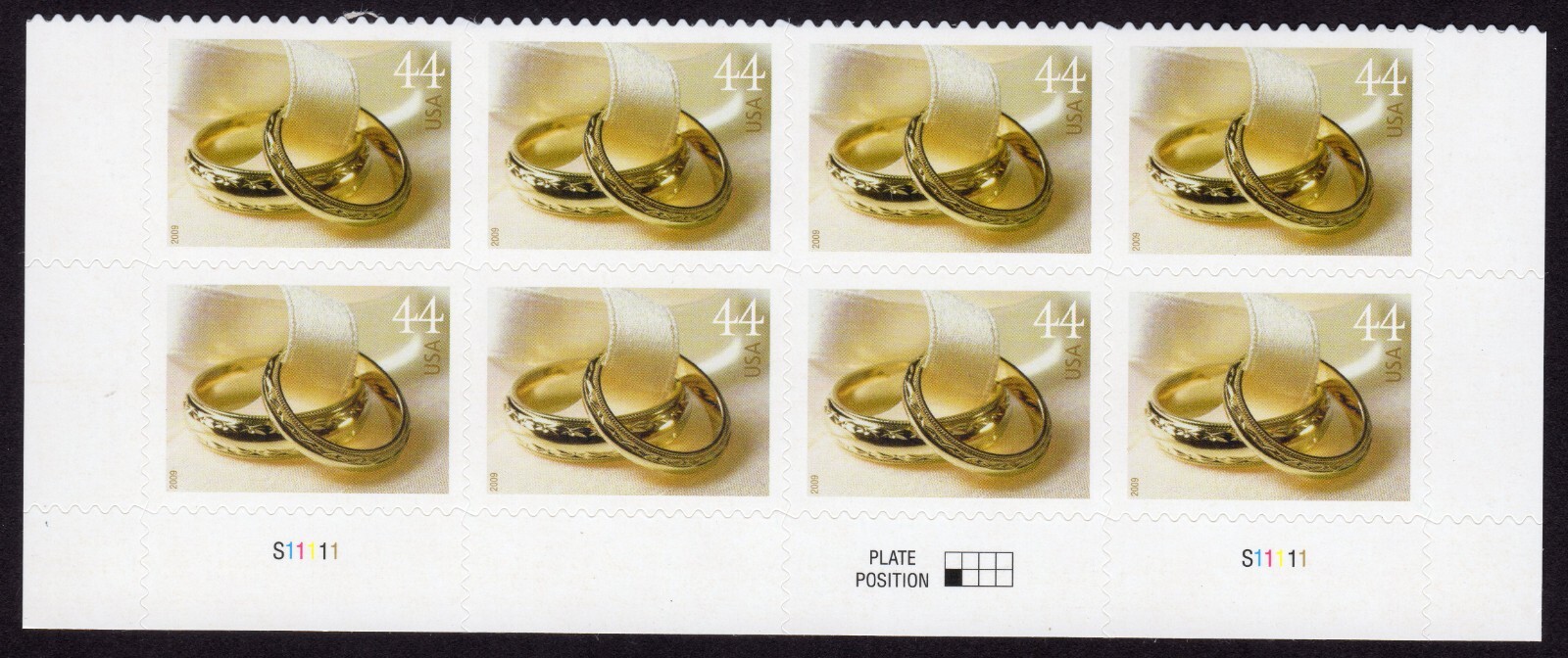 Scott #4397 Wedding Rings 44¢ Plate Block of 8 Stamps - MNH