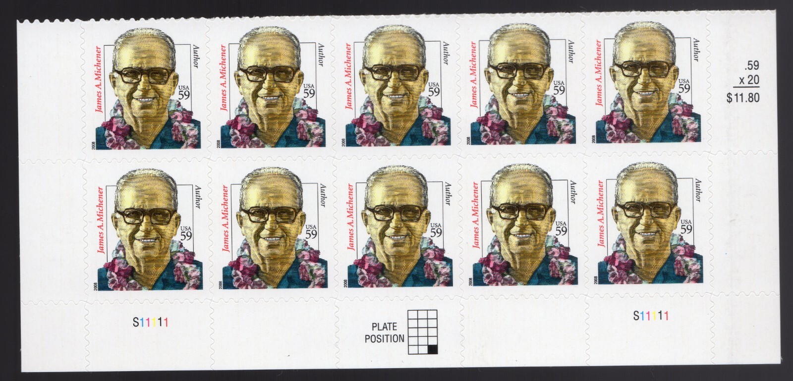 Scott #3427A James Michener Plate Block of 10 Stamps - MNH