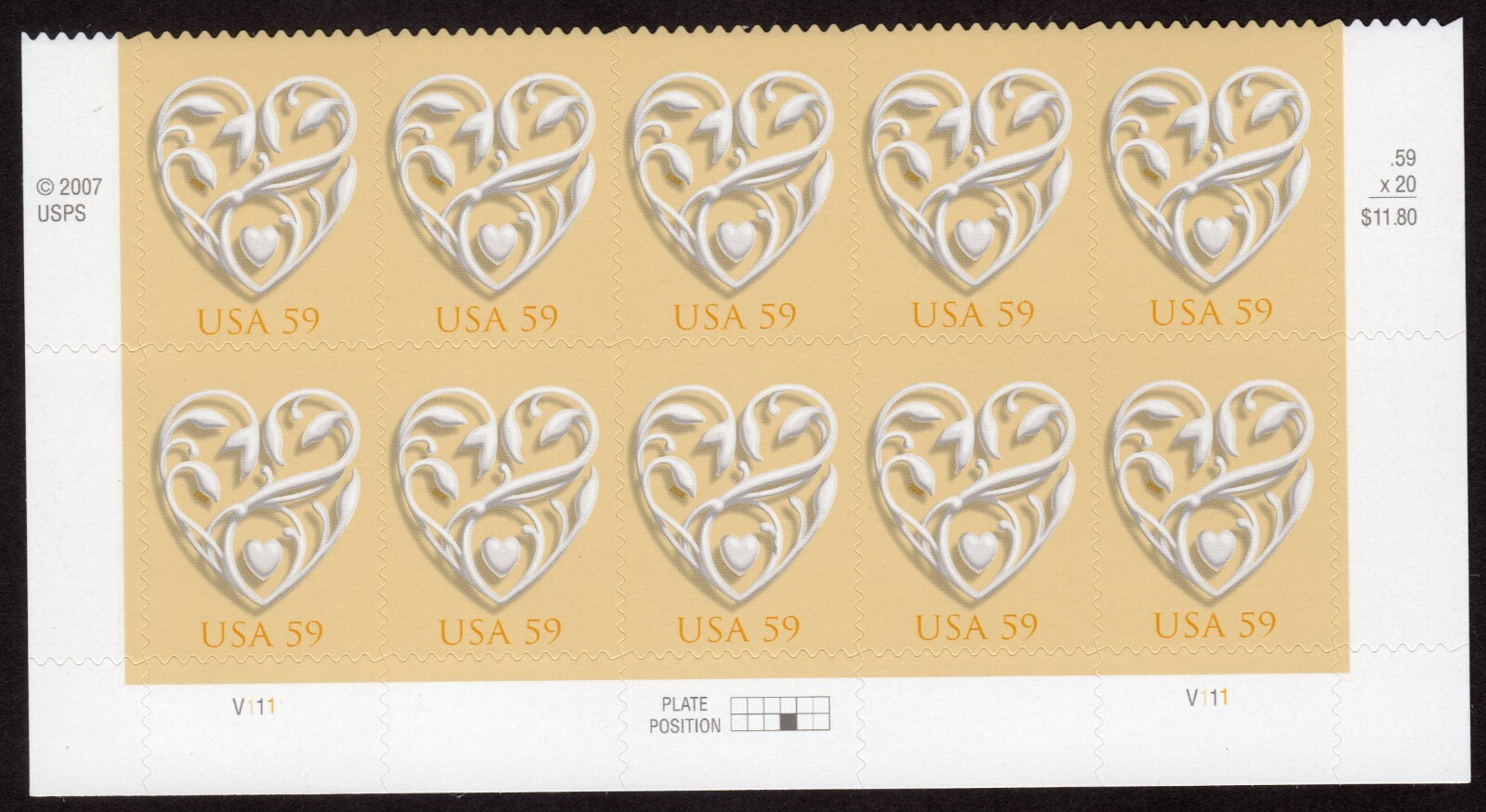 Scott #4272 Wedding Hearts Plate Block of 10 Stamps - MNH Bottom