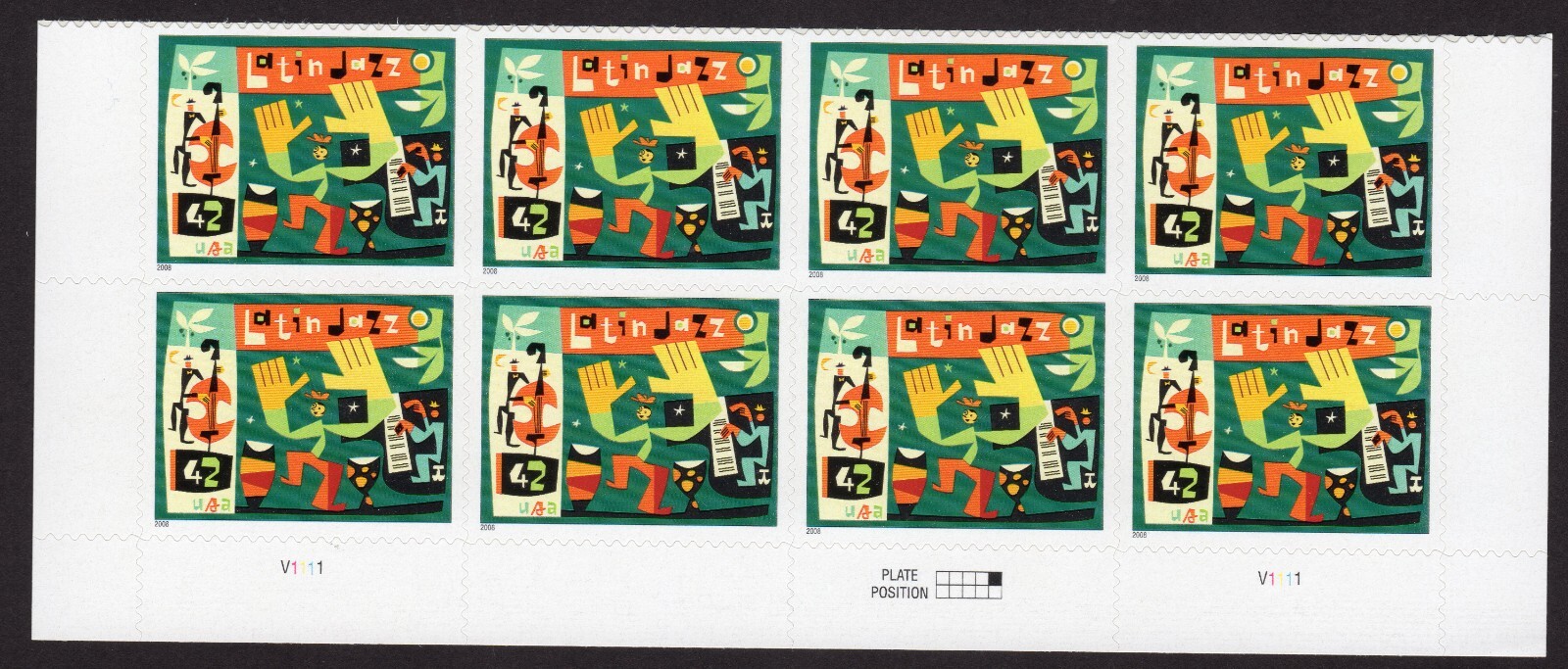 Scott #4349 Latin Jazz Plate Block of 8 Stamps - MNH Bottom