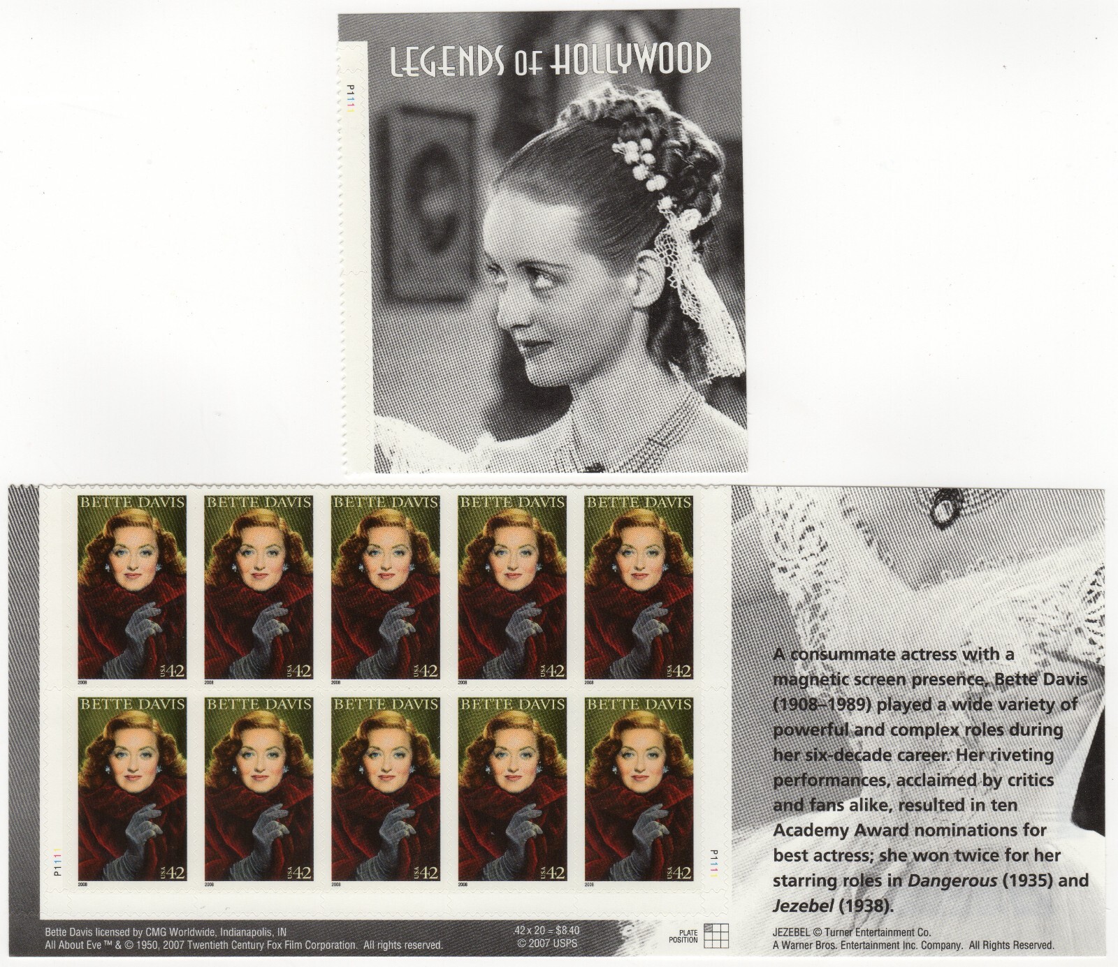 Scott #4350 Bette Davis (Legends of Hollywood) Plate Block of 10 Stamps - MNH