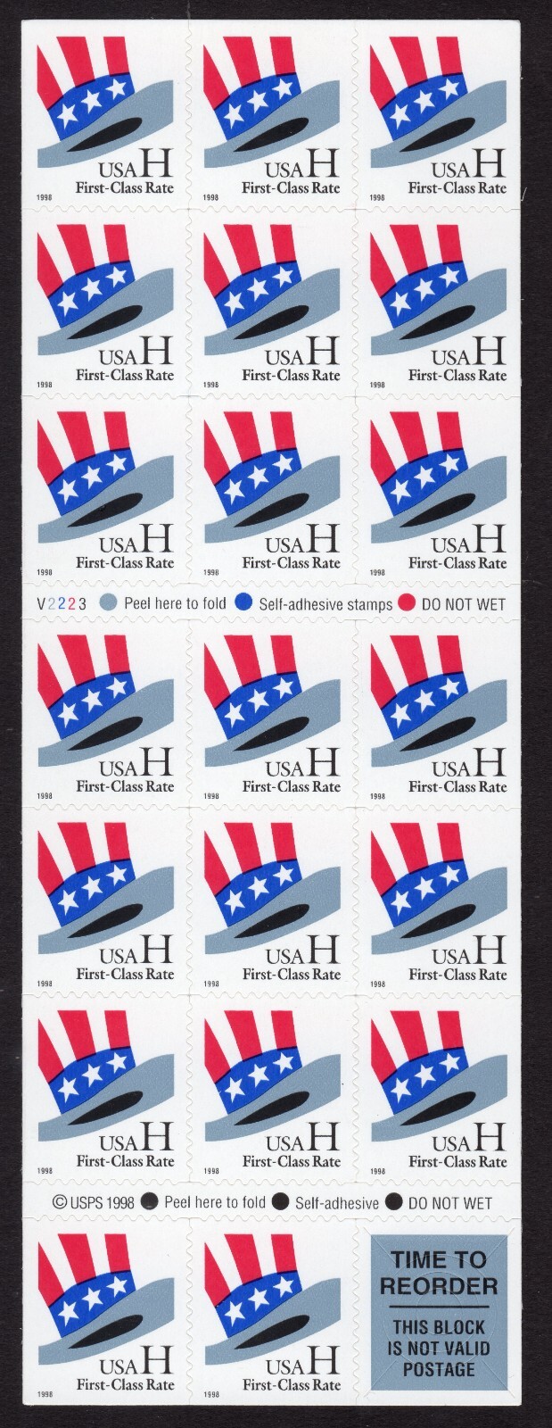 Scott #3268c Hat H Stamp Booklet Pane of 20 Stamps - MNH P#V2223