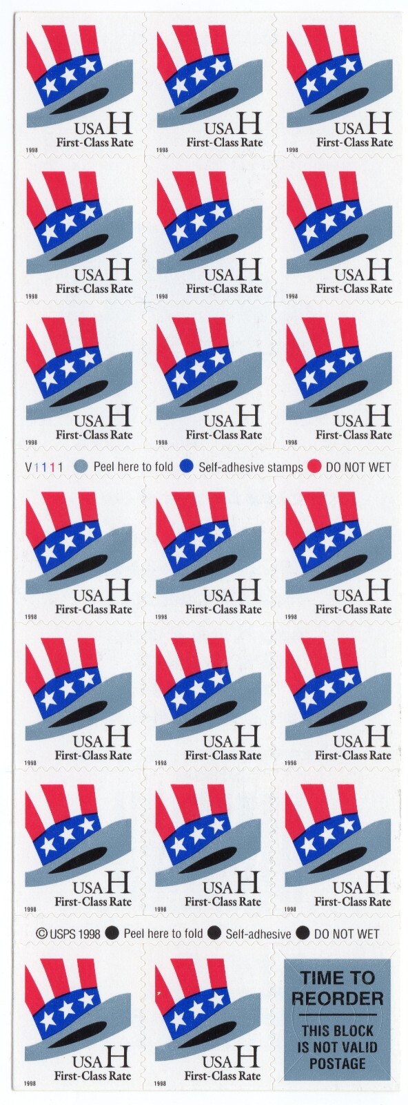 Scott #3268c Hat H Stamp Booklet Pane of 20 Stamps - MNH P#V1111