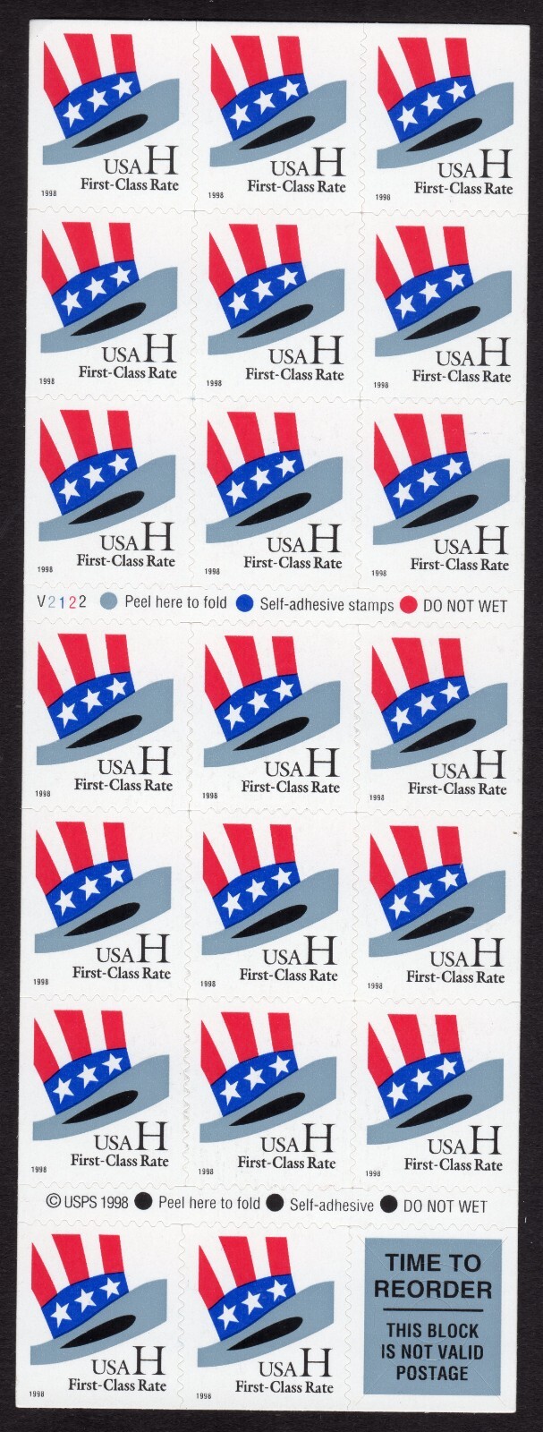 Scott #3268c Hat H Stamp Booklet Pane of 20 Stamps - MNH P#V2122