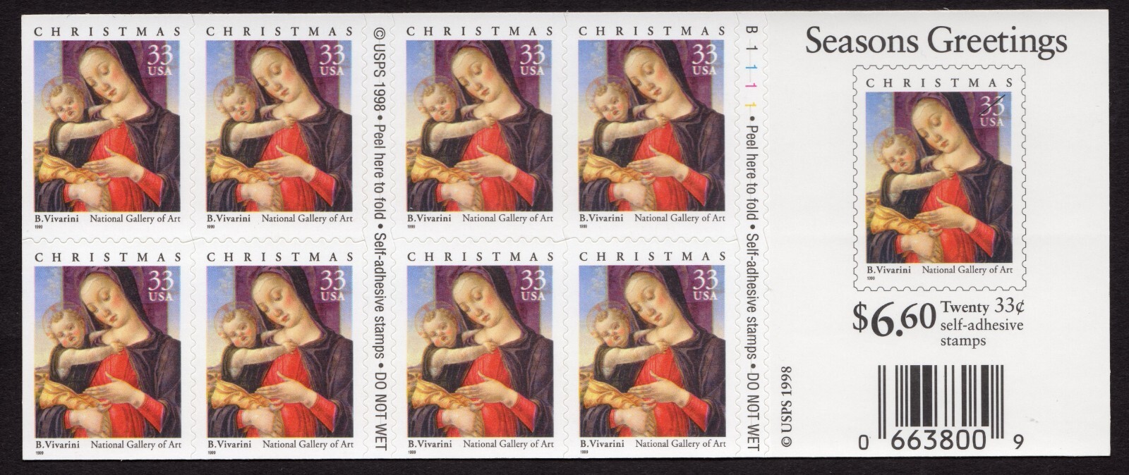 Scott #3355a 33¢ Madonna & Child (Vivarini) Booklet of 20 Stamps - MNH P#B1111