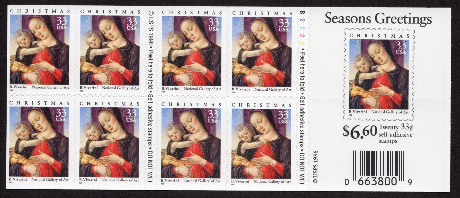 Scott #3355a 33¢ Madonna & Child (Vivarini) Booklet of 20 Stamps - MNH P#B2222