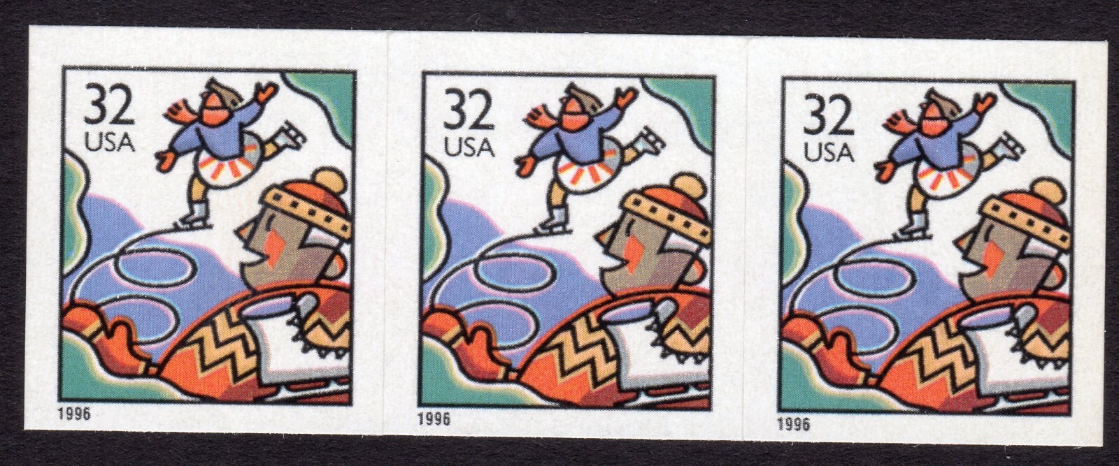Scott #3117 Christmas Family Ice Skating Scene Strip of 32¢ 3 Stamps - MNH