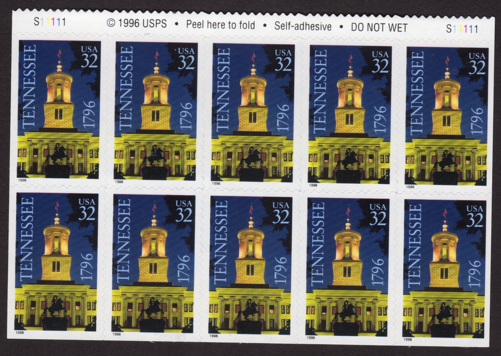 Scott #3071a 32¢ Tennessee Bottom Booklet Pane of 10 Stamps - MNH w/Plate #