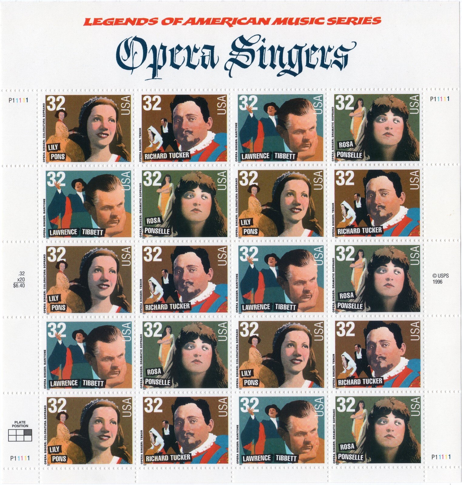 Scott #3154-3157a Opera Singers (Pons, Tucker, Tibbett, Ponselle) 20 Stamp Sheet