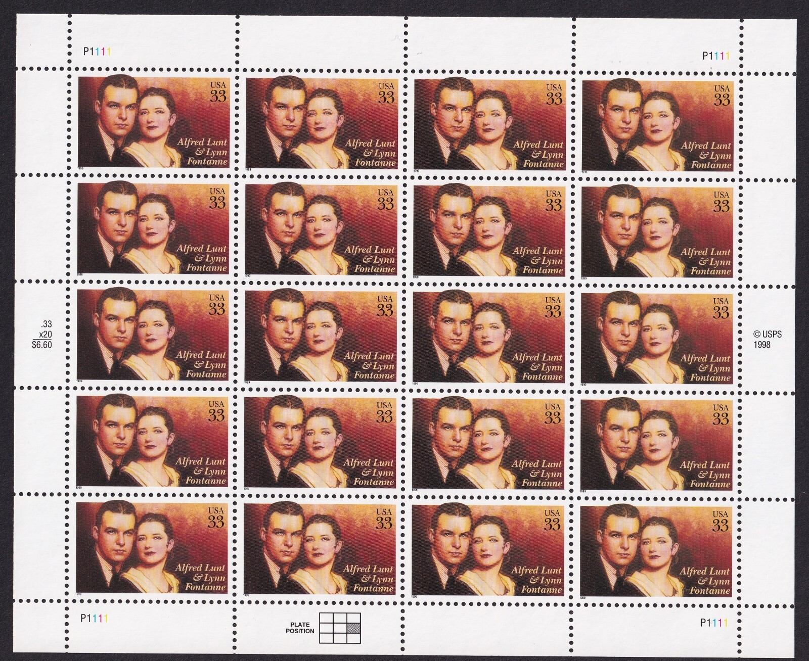 Scott #3287 Alfred Lunt and Lynn Fontanne Full Sheet of 20 - MNH