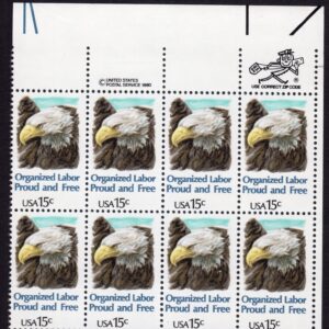 Scott #1831 Organized Labor Zip & Copyright Block of 8 Stamps - MNH