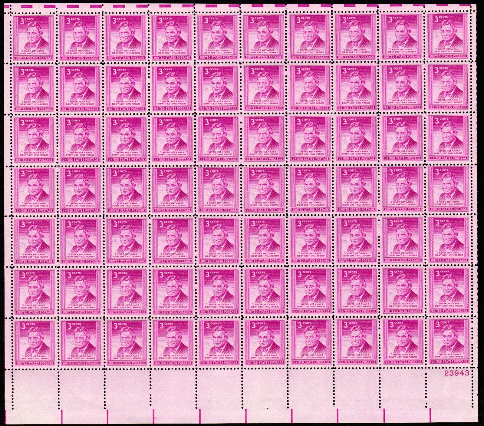 Scott #975 Will Rogers Sheet of 70 Stamps - MNH P#23943 LR