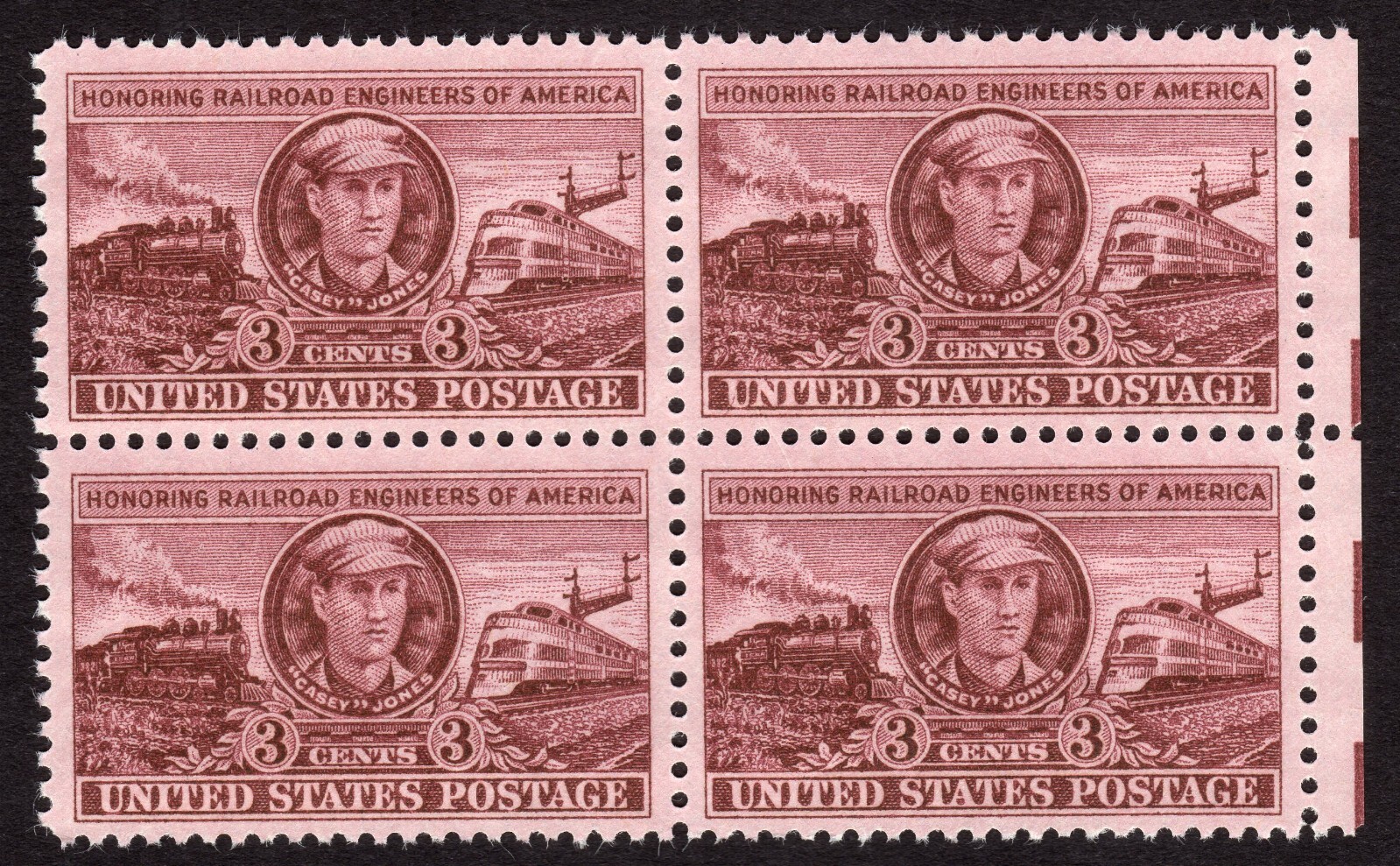 Scott #993 Casey Jones Railroad Engineer Block of 4 Stamps - MNH w/EE Selvage