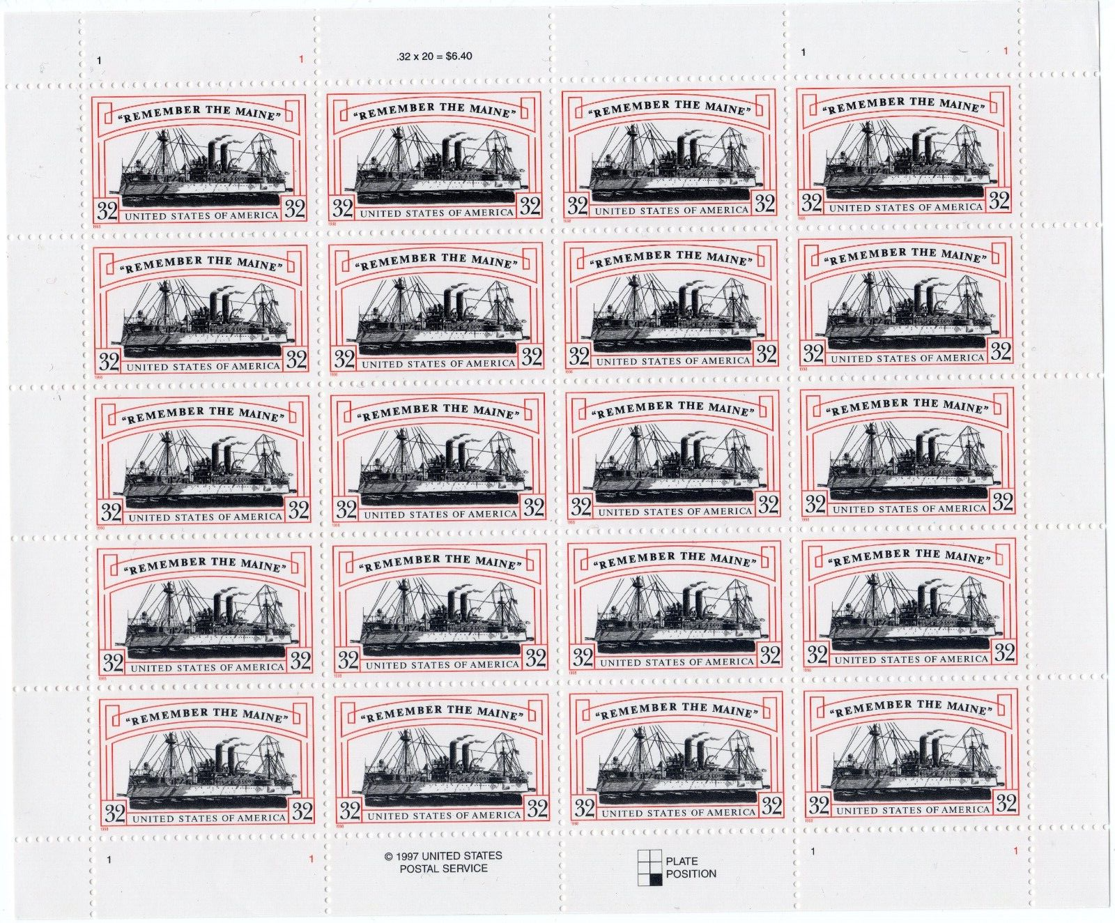Scott #3192 Remember the Maine (Spanish War) Full Sheet of 20 Stamps - MNH
