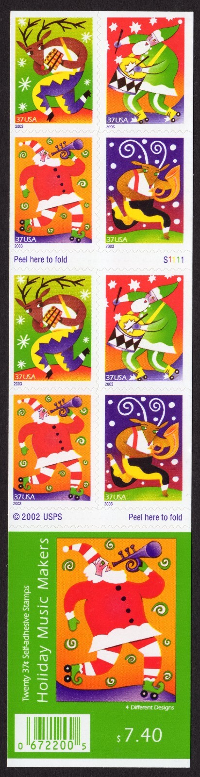 Scott #3824b Holiday Music Makers Booklet of 20 Stamps - MNH P#S1111