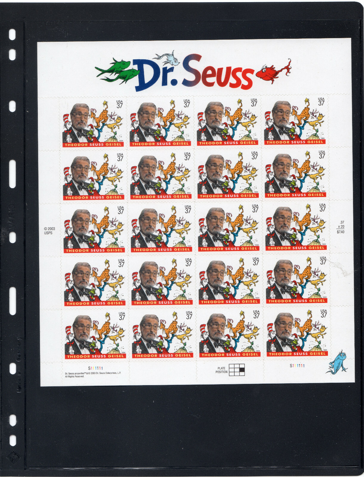Scott #3835 Dr. Seuss Sheet of 20 Stamps in VARIO page - MNH