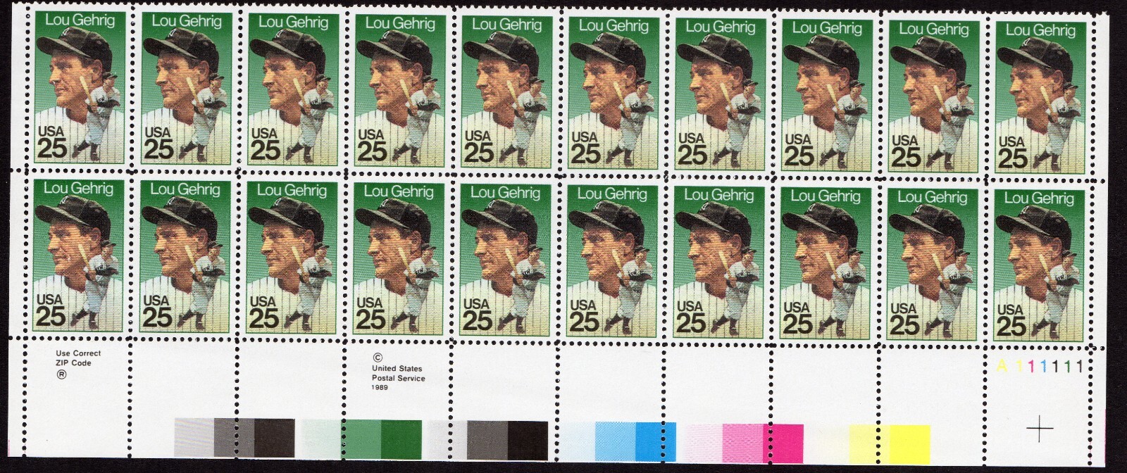 Scott #2417 Lou Gehrig (New York Yankees) 25¢ Plate Block of 20 Stamps - MNH LR2