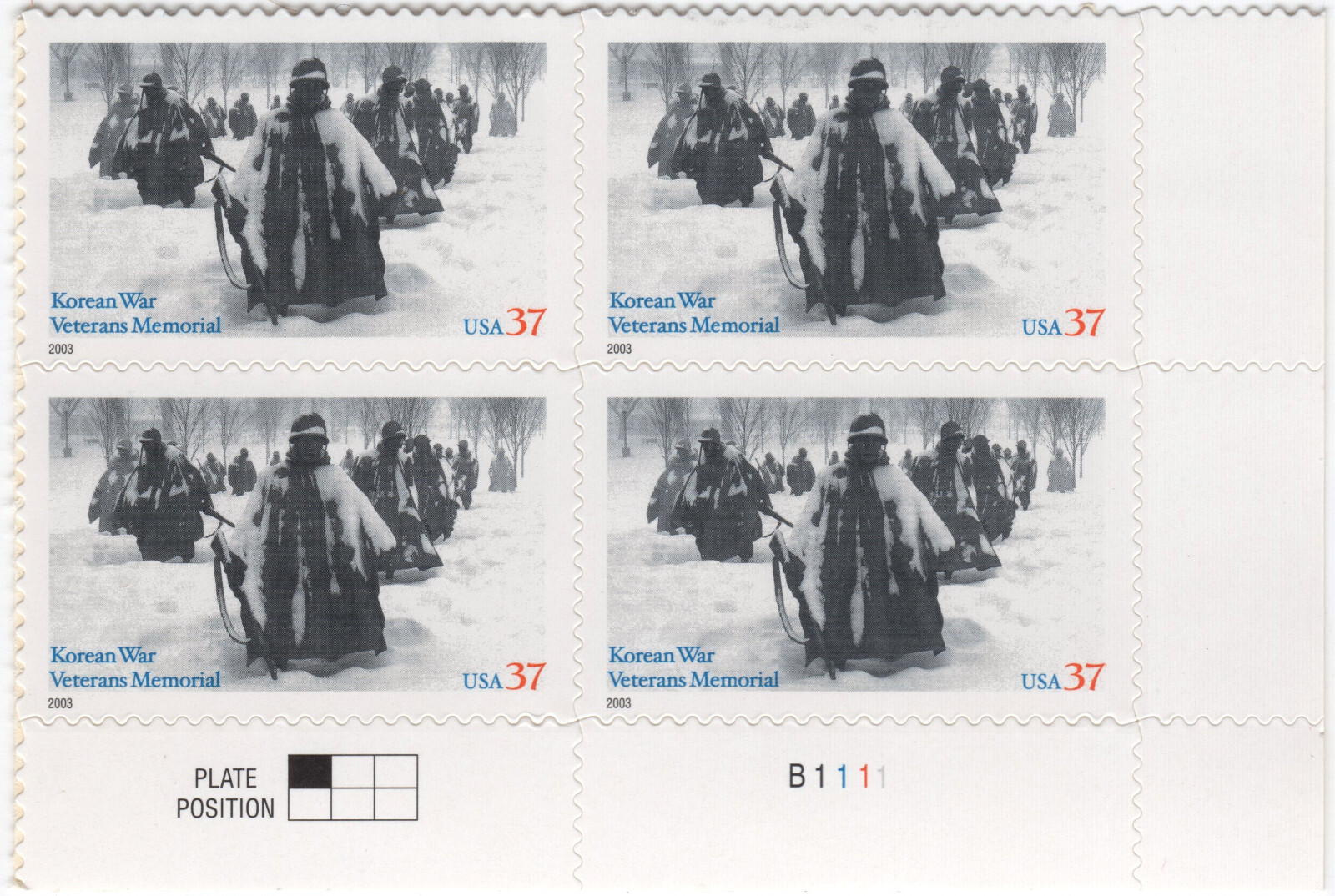 Scott #3803 Korean Veterans War Memorial Plate Block of 4 Stamps - MNH