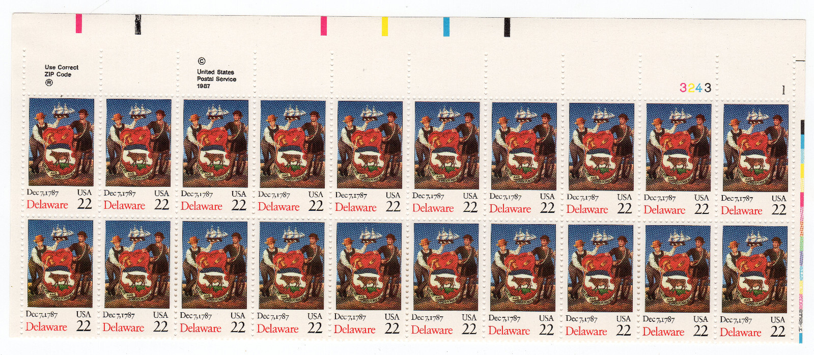Scott #2336 Delaware Plate Block of 20 Stamps - MNH P#3243-1 UR