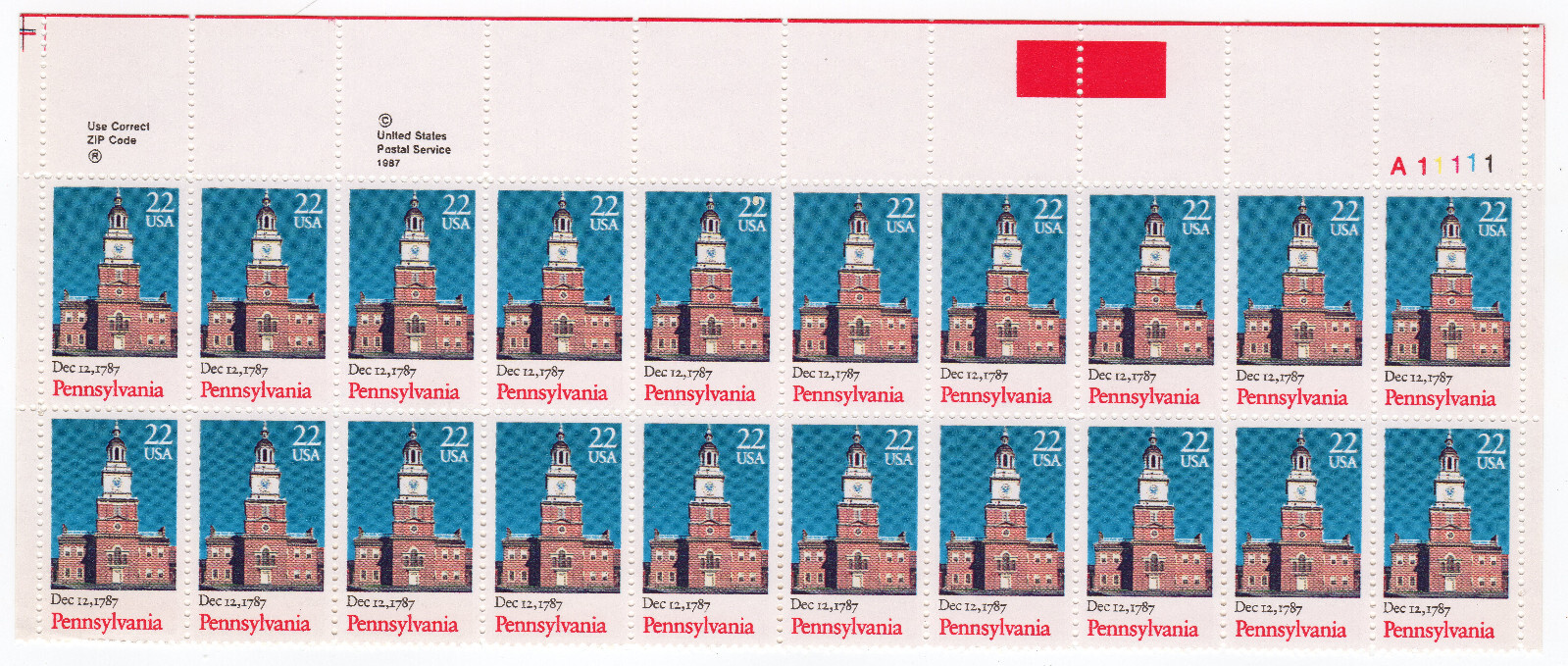 Scott #2337 Pennsylvania (Strip) Plate Block of 20 Stamps - MNH UR