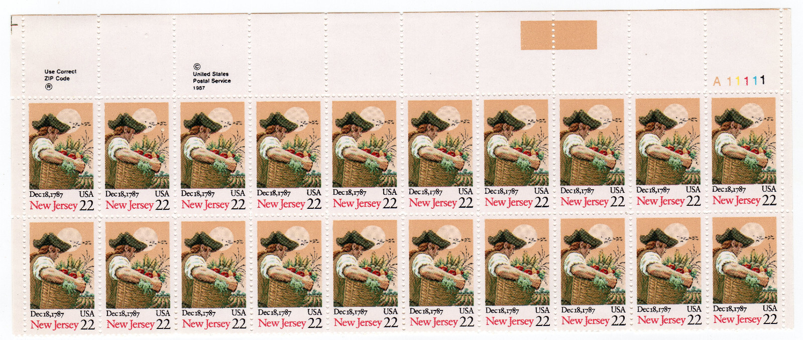 Scott #2338 New Jersey Plate Block of 20 Stamps - MNH UR