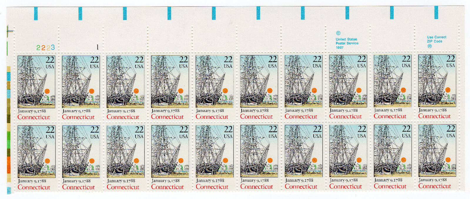 Scott #2340 Connecticut Plate Block of 20 Stamps - MNH P#2223-1 UL