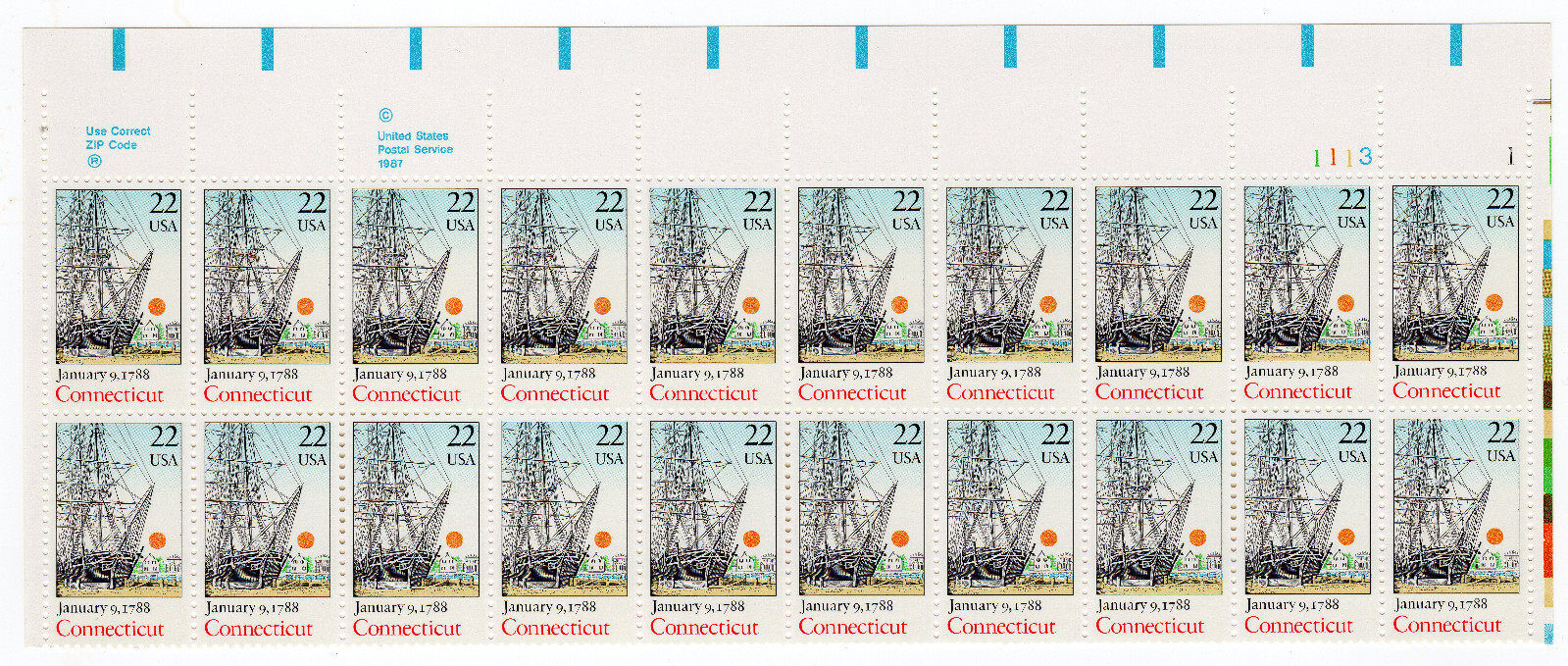 Scott #2340 Connecticut Plate Block of 20 Stamps - MNH P#1113-1 UR