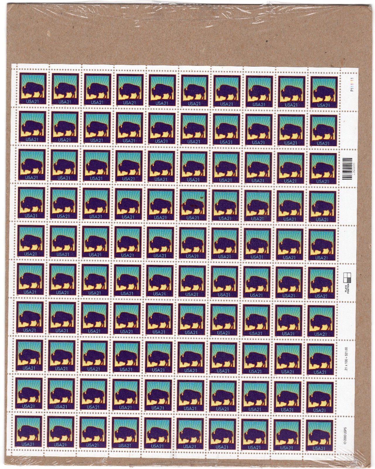 Scott #3467 American Buffalo (Bison) Sheet of 100 Stamps - Sealed w/Plate Pos LR