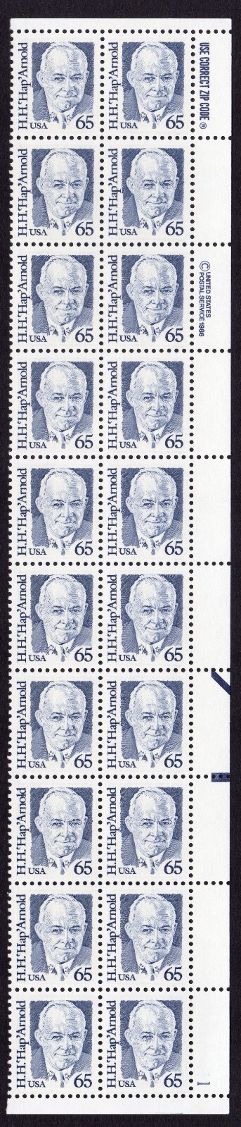 Scott #2191 H. Hap Arnold Plate Block of 20 Stamps - MNH P#1 LR