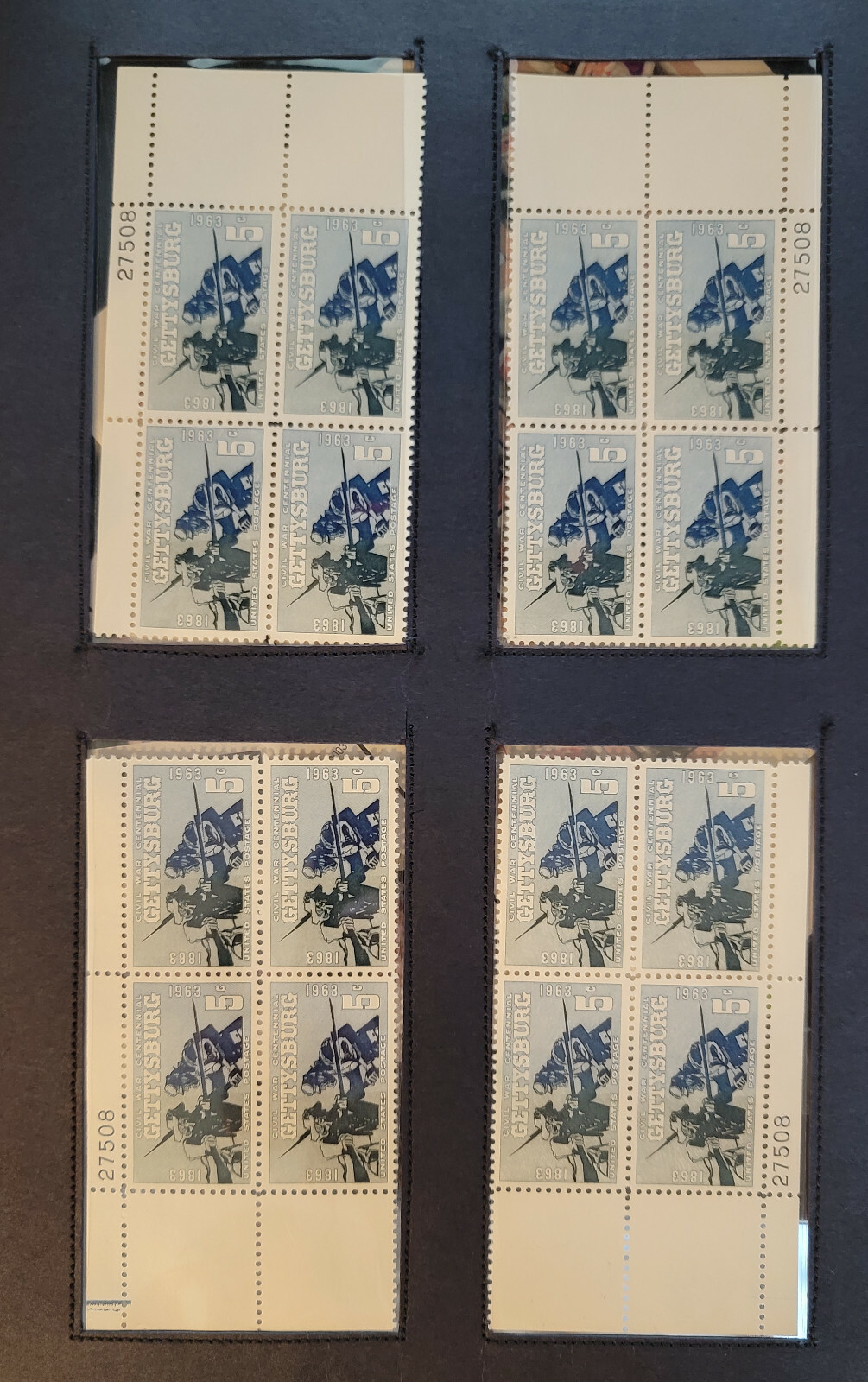 Scott #1180 Gettysburg (Civil War) 4 Plate Blocks (Matched Set) of 4 Stamps
