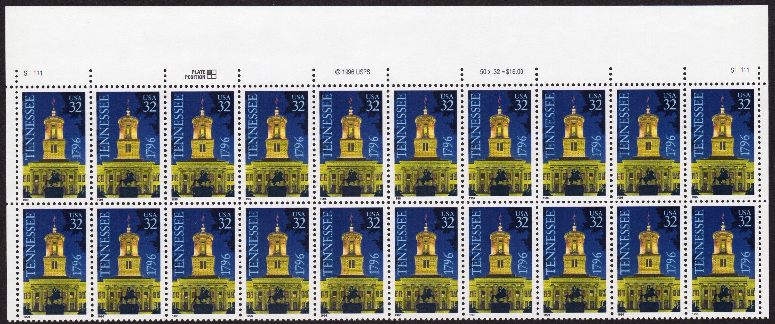 Scott #3070 32c Tennessee Plate Block of 20 Stamps - MNH Top