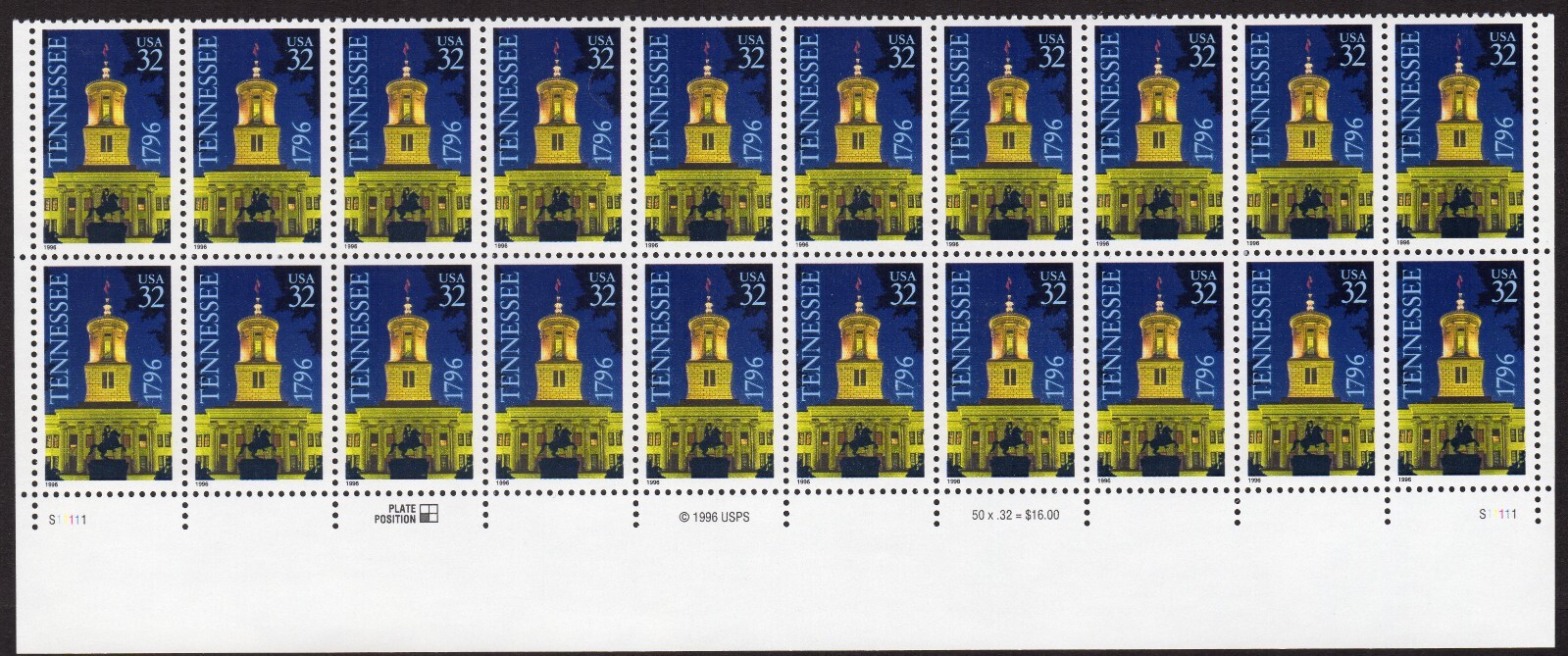 Scott #3070 32c Tennessee Plate Block of 20 Stamps - MNH Bottom LL
