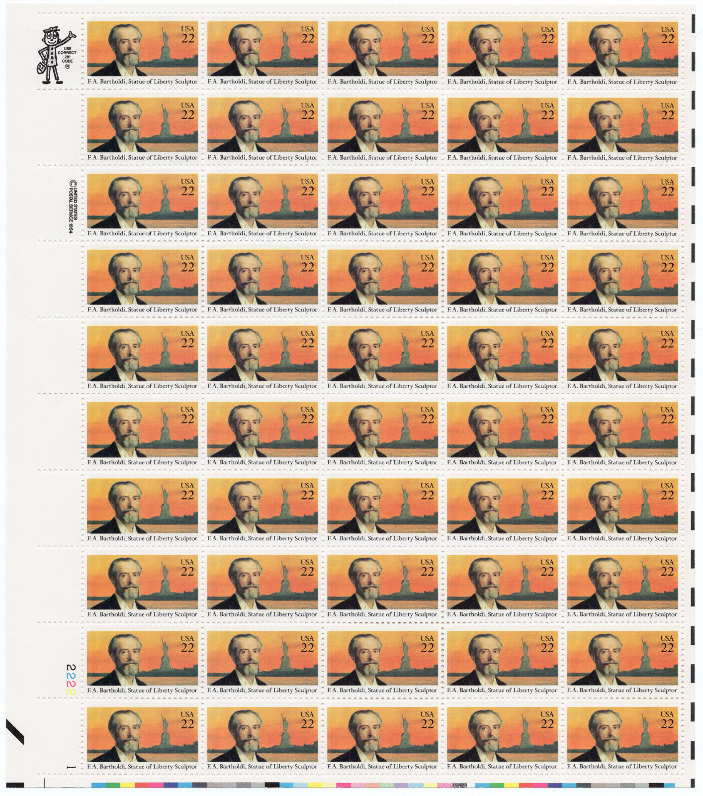 Scott #2147 F. A. Bartholdi Statue of Liberty Sculptor Sheet of 50 Stamps - MNH