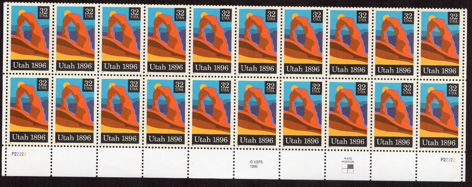 Scott #3024 Utah Plate Block of 20 Stamps - MNH P#P22222 Bottom LR
