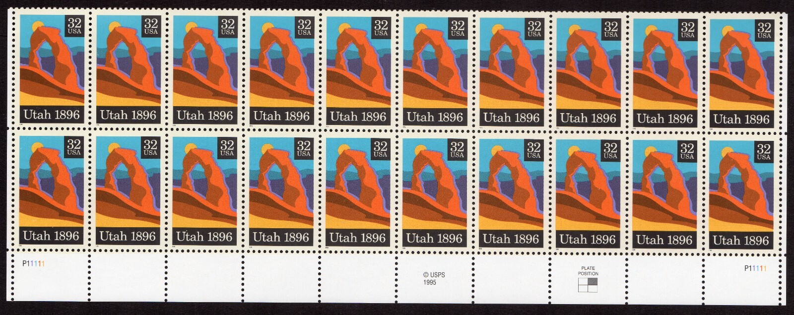 Scott #3024 Utah Plate Block of 20 Stamps - MNH P#P11111 Bottom UR