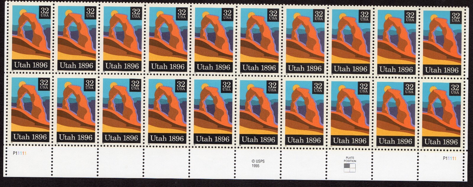 Scott #3024 Utah Plate Block of 20 Stamps - MNH P#P11111 Bottom UL