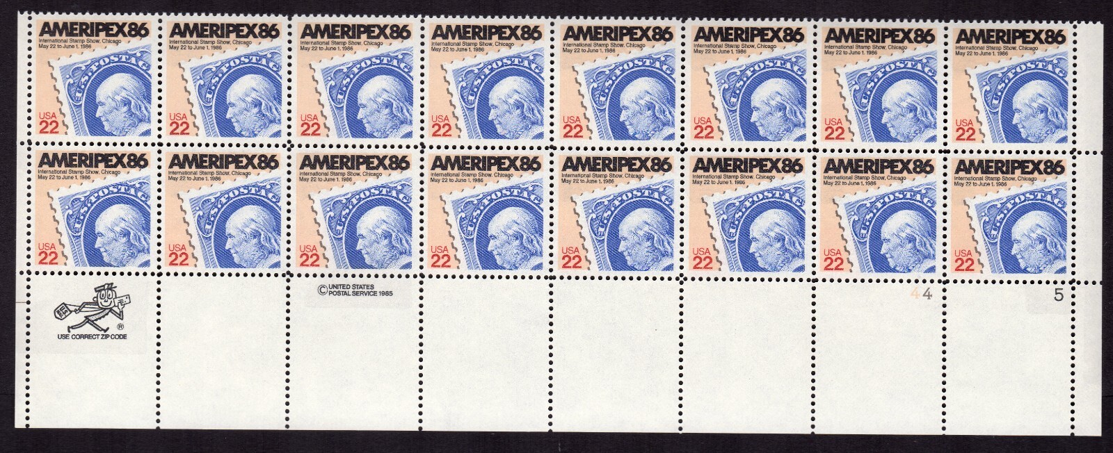 Scott #2145 Ameripex Ben Franklin Plate Block of 16 Stamps - MNH P#44-5 LR