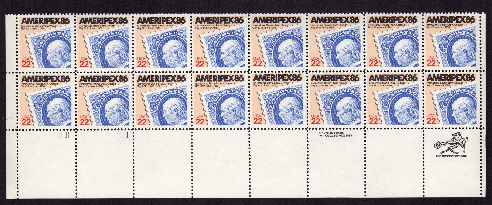 Scott #2145 Ameripex Ben Franklin Plate Block of 16 Stamps - MNH P#1311-1 LL