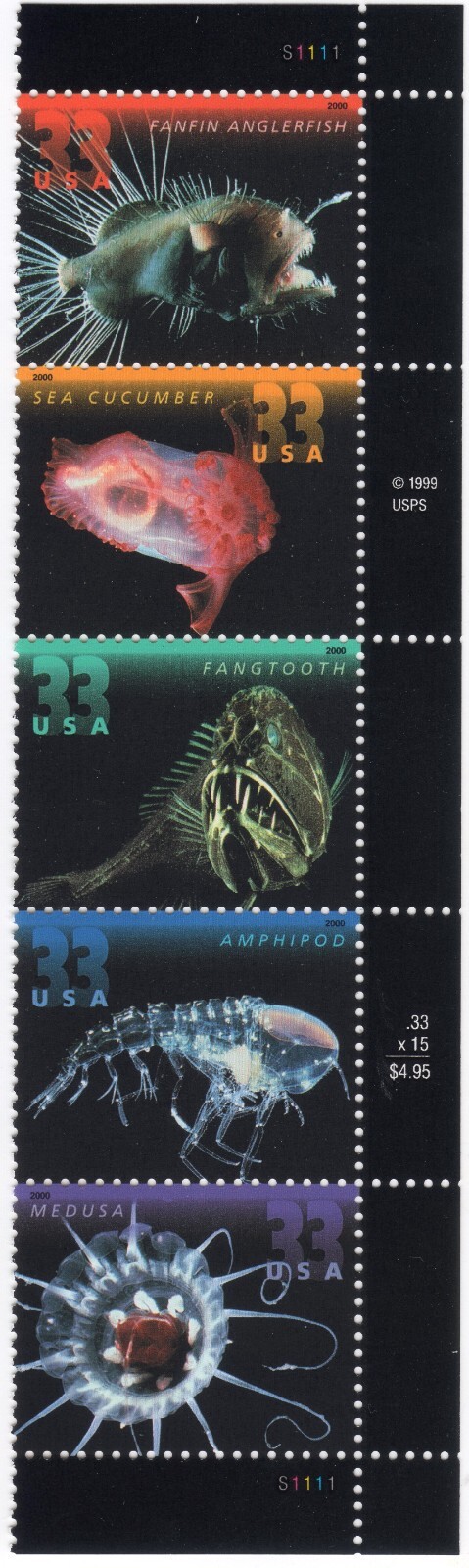 Scott #3443a (3439-3443) Deep Sea Creatures Plate # Strip of 5 Stamps MNH Right