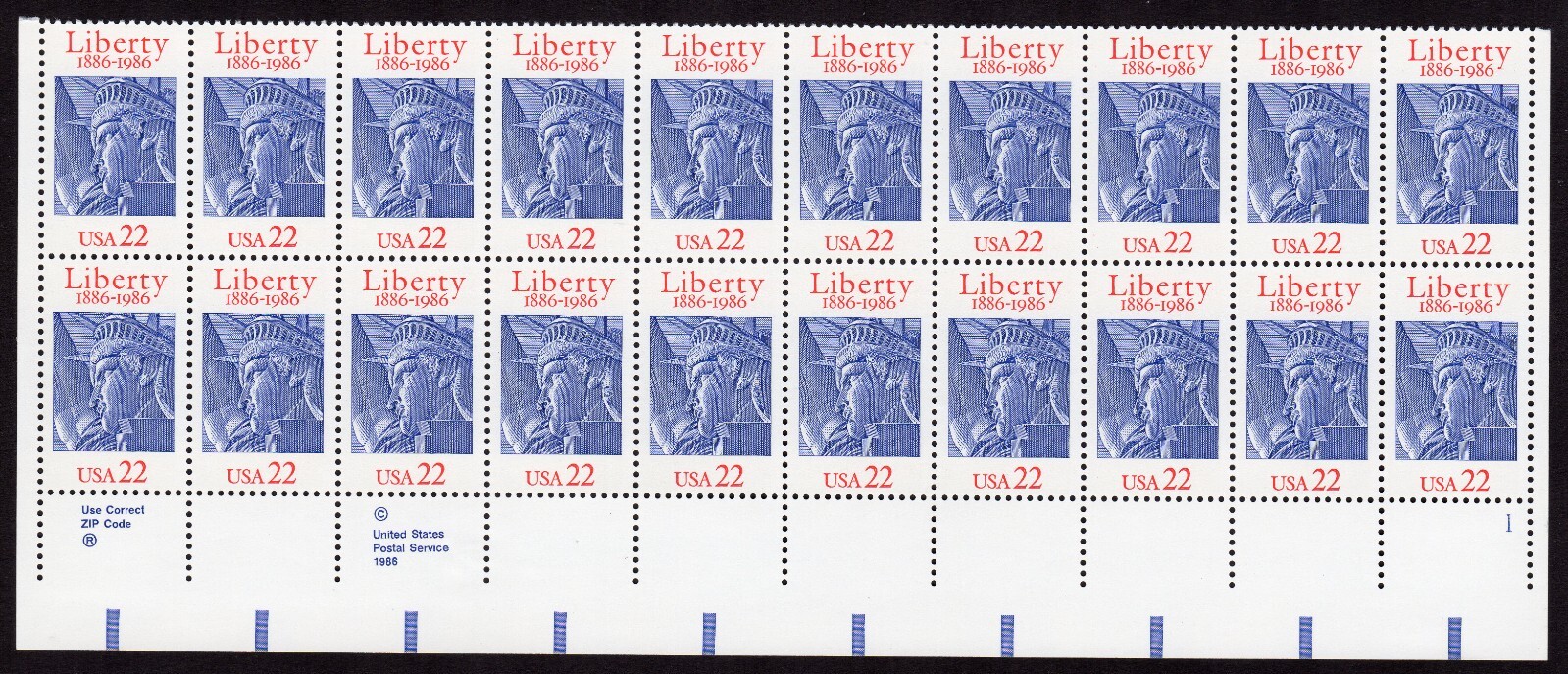 Scott #2224 Statue of Liberty Plate Block of 20 Stamps - MNH LR