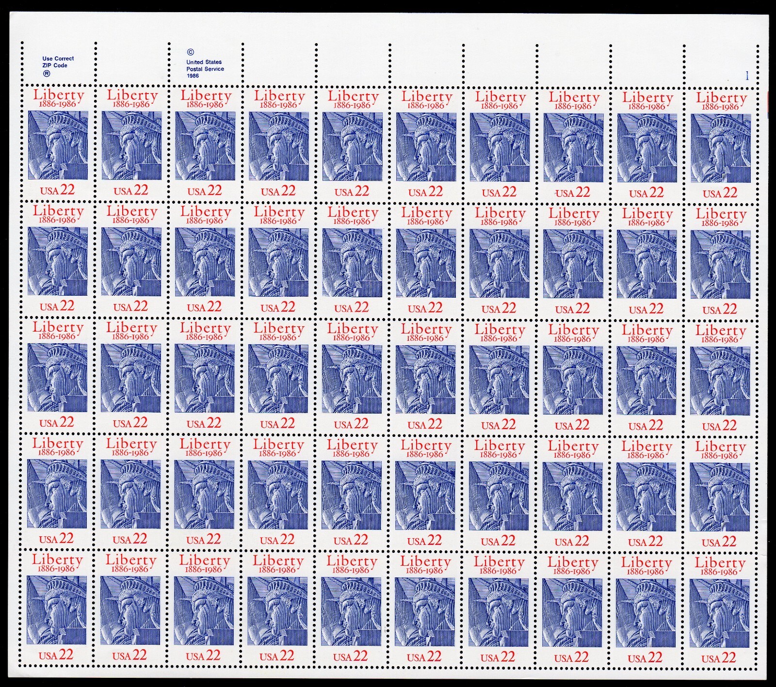 Scott #2224 Statue of Liberty 22¢ Sheet of 50 Stamps - MNH P#1 UR